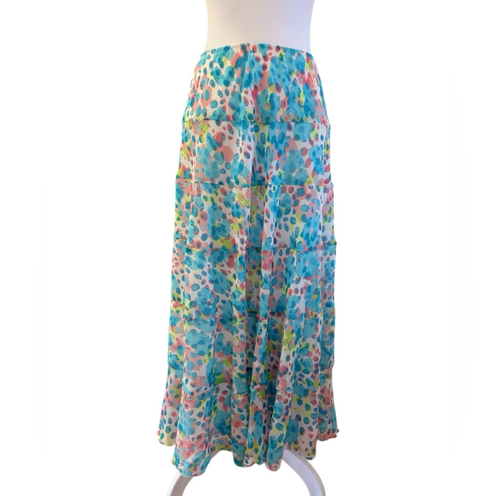 Ruby Rd Pink Blue Watercolor Flowy Ruffle Maxi Skirt Size 20W